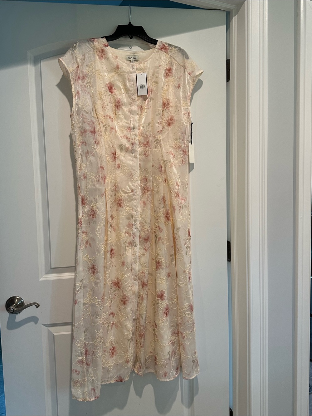 Mila Mae Cream Midi Dress with Mauve Floral Embroidery